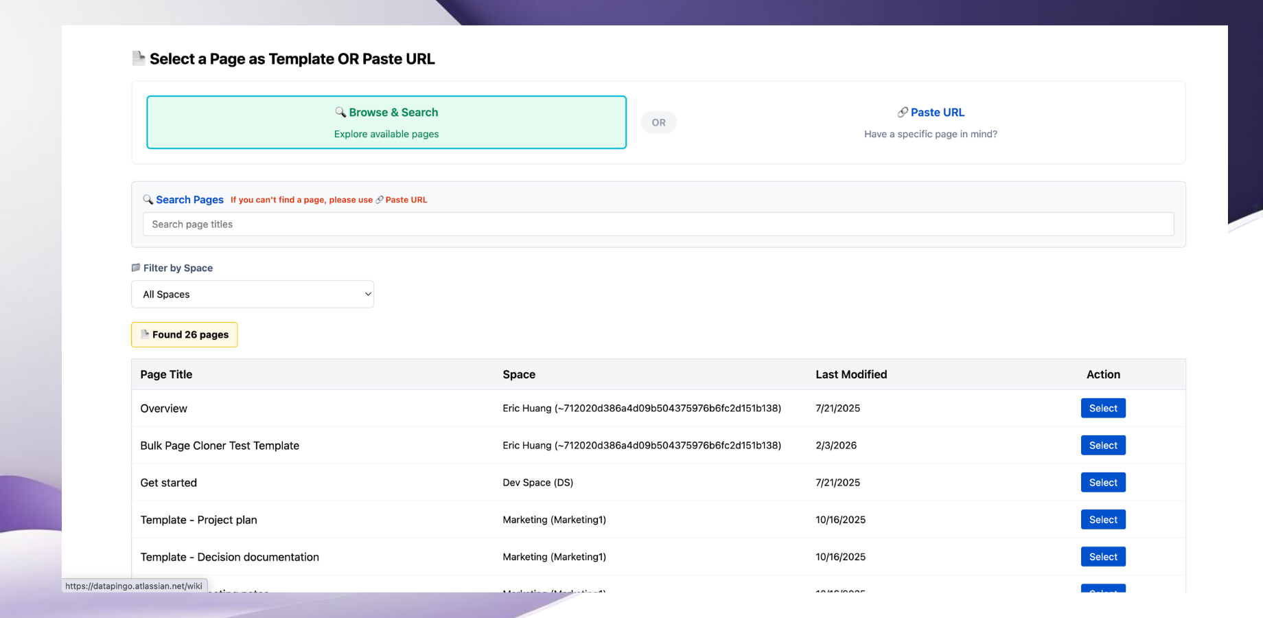 Select a source page as template in Bulk Page Cloner